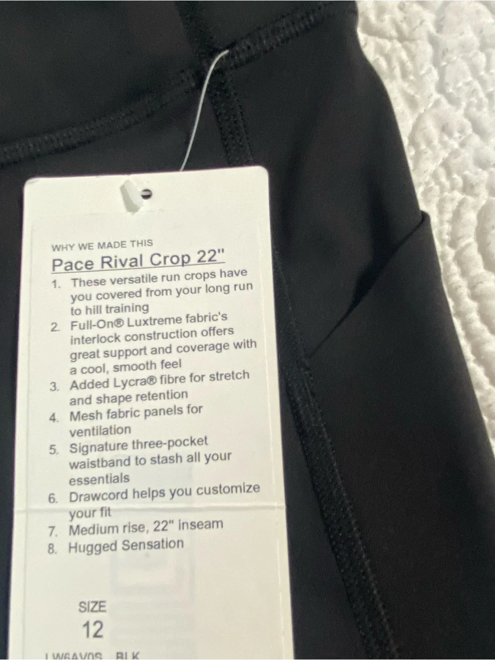 Lululemon Pace Rival Black Cropped 22”Leggings - Size 12 - New with tags